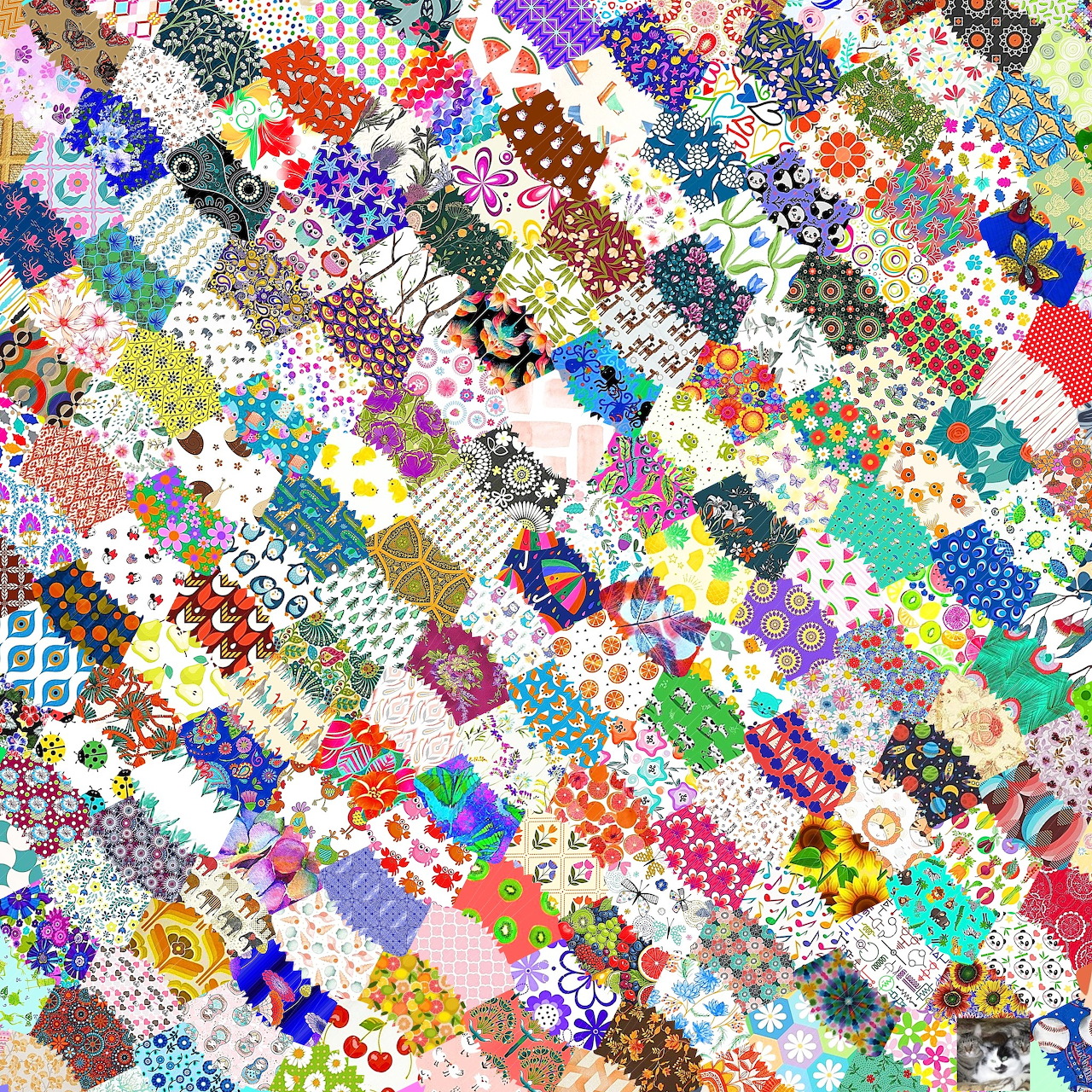 Colorful patchwork quilt with diagonal rows of patterned fabric squares in various colors and designs
