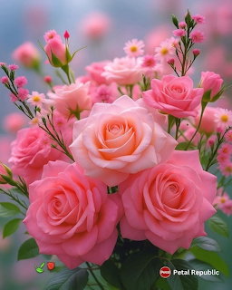 Cluster of soft pink roses with delicate petals and buds on green stems against a bokeh background