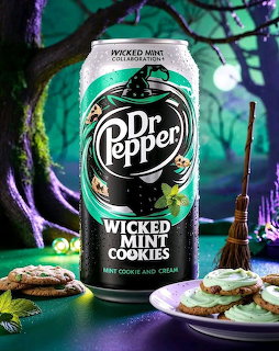 Dr Pepper Wicked Sweet Cookies can with Halloween-themed ice cream sandwiches on dark purple surface