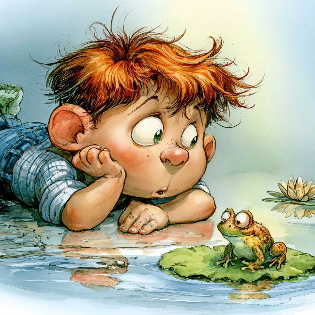 Illustrated boy with red hair watching a frog on a lily pad