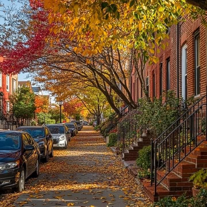 Autumn City Street Brownstones