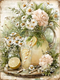 Vintage painting of lemonade with flowers, a glass pitcher, daisies, peonies, and sliced lemons