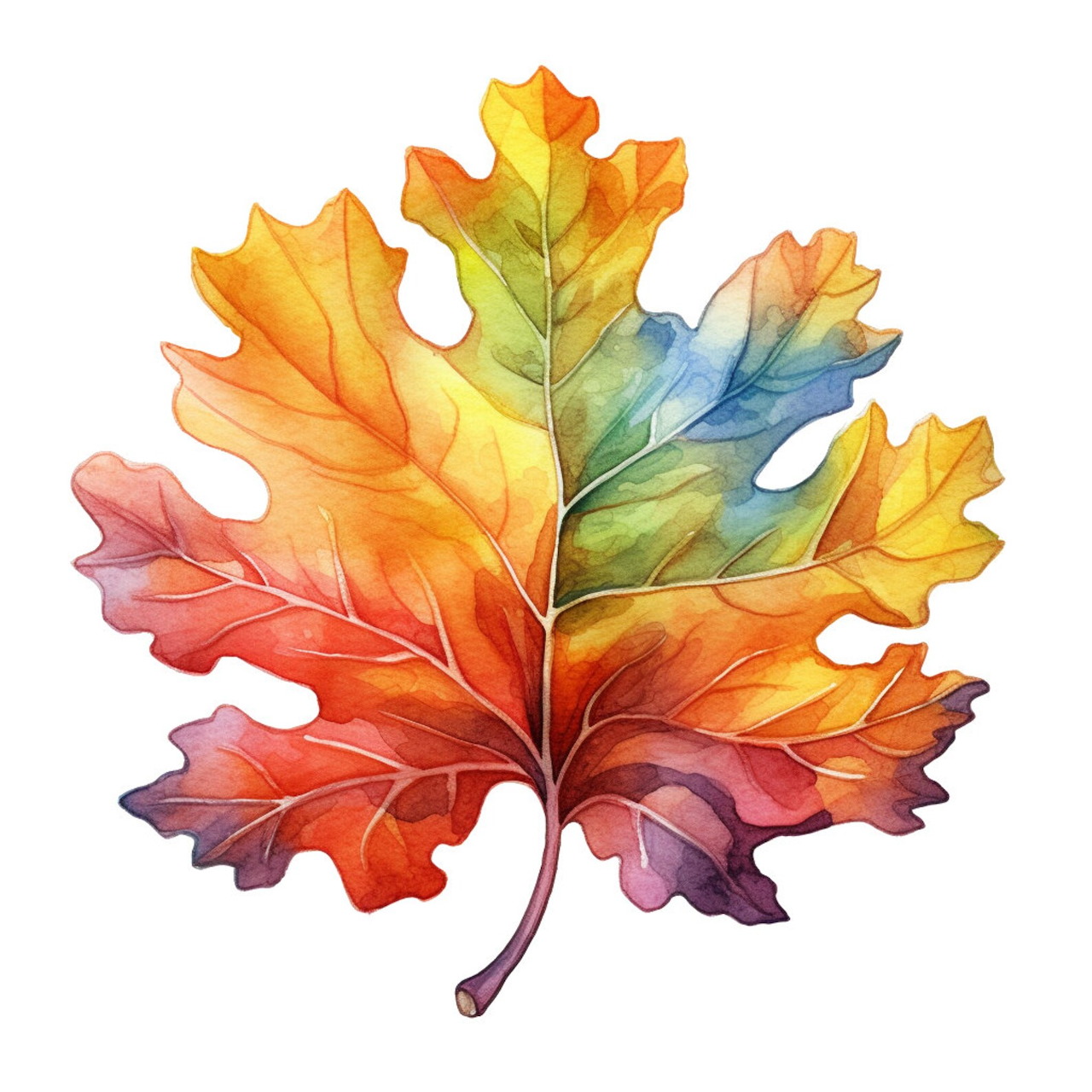 Watercolor painting of an oak leaf in rainbow gradient colors from warm reds to cool purples