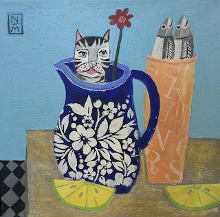 Cat in Blue Floral Pitcher