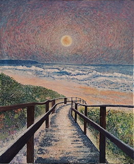 Painting of a wooden boardwalk path leading to a beach with waves under a swirling sunset sky