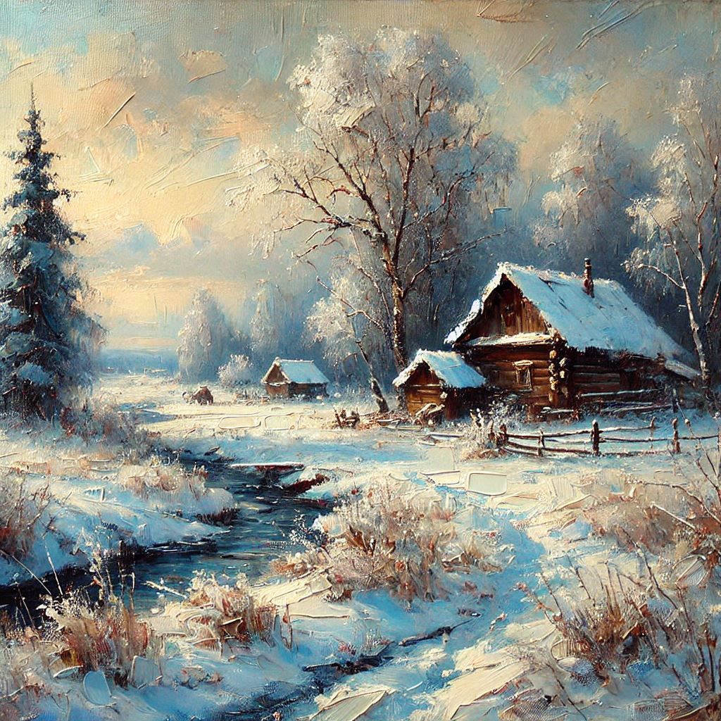 Winter painting of a snowy farm with a log cabin, bare trees, and a winding stream