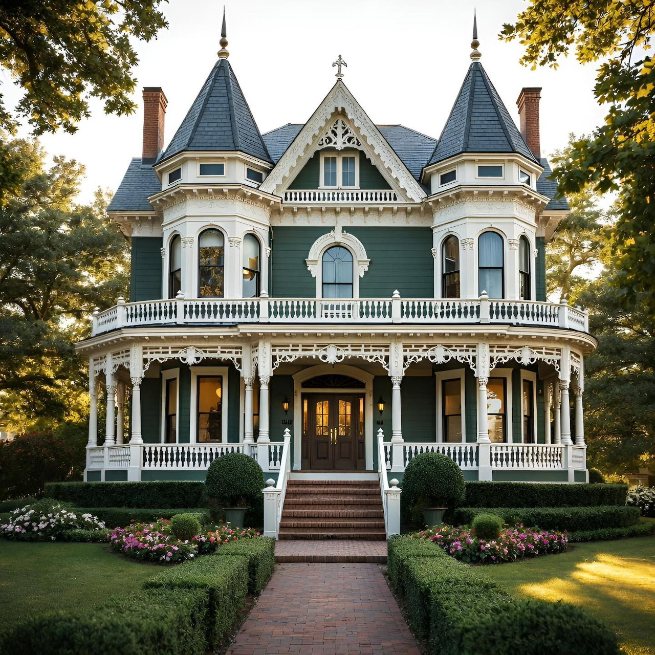 Victorian mansion with ornate porch, twin towers, and manicured garden path