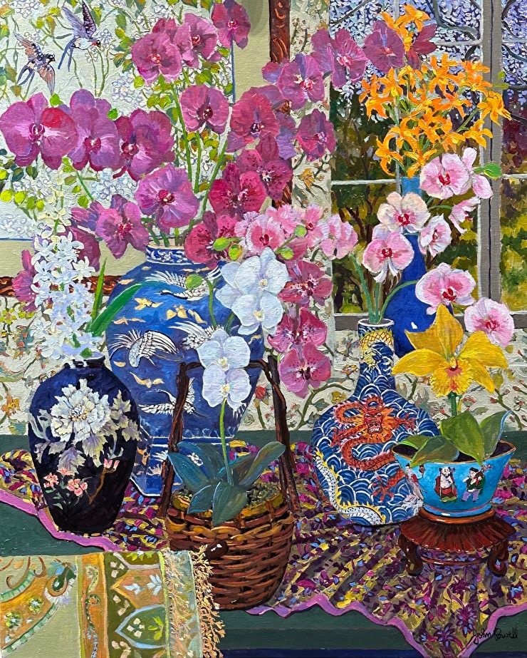 Colorful painting of pink, white, and yellow orchids in pots and blue vases on patterned fabric