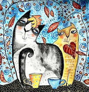 Illustrated art of two decorative cats with coffee cups amid swirling patterns and autumn leaves