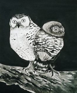 Black and white painting of two owls perched on a branch