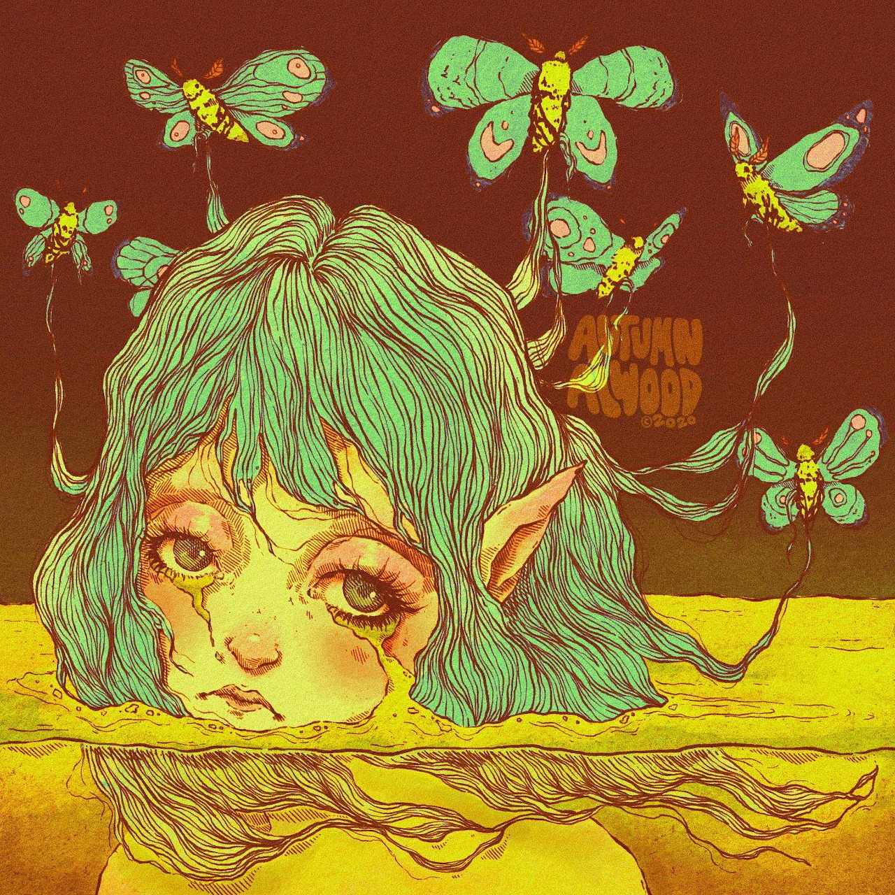Illustration of girl with green hair lying down, yellow eyes, butterflies above, warm brown and yellow tones