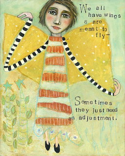 Whimsical folk art painting of a girl with yellow wings and striped dress on a green and yellow background
