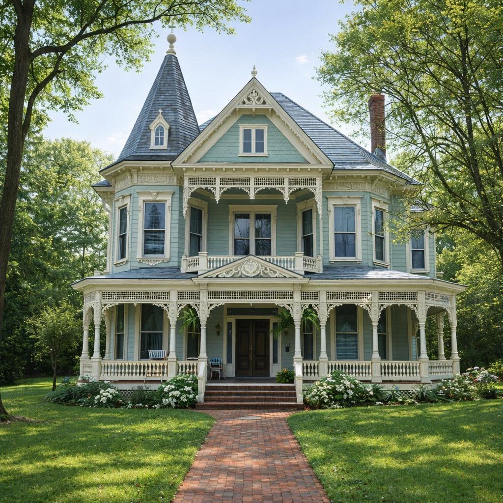 Victorian mansion with ornate white trim, wraparound porch, turret, and brick walkway through green lawn