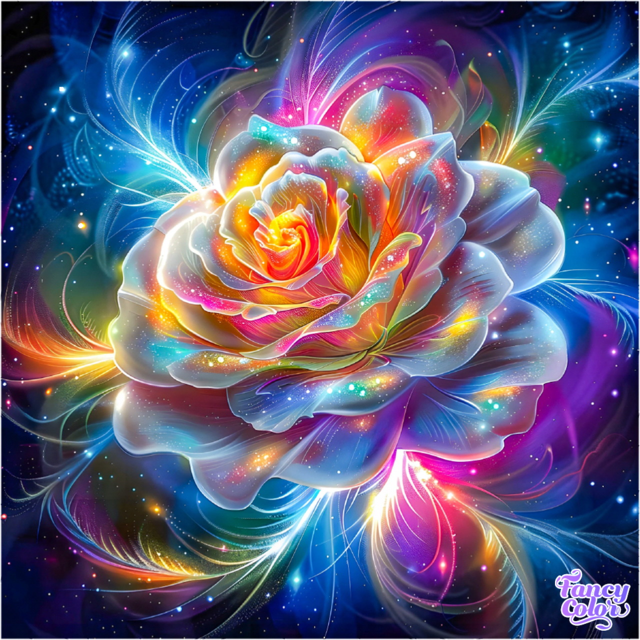 Glowing rainbow-colored rose with swirling light trails and sparkles on dark cosmic background