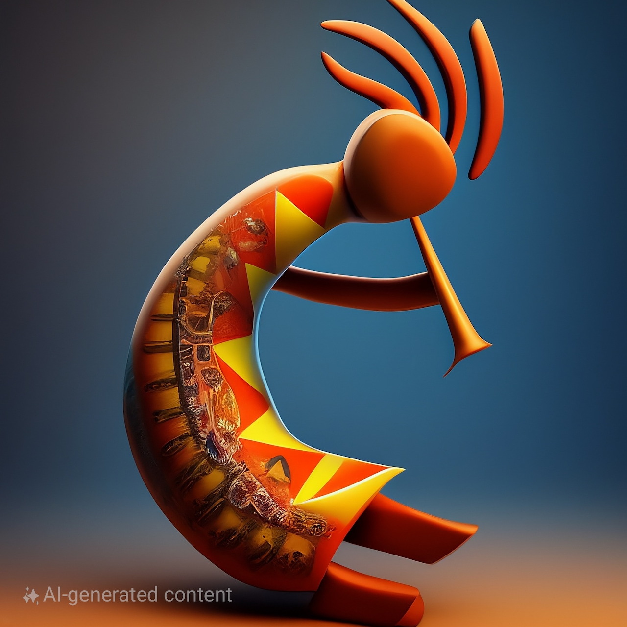 Stylized orange Kokopelli playing a flute on a decorated crescent moon