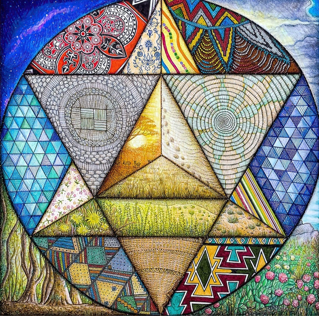 Detailed mandala with geometric patterns, landscapes, and natural elements arranged in triangular sections within a circle