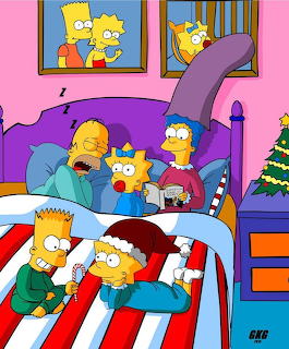 Animated Simpson family sitting on couch in living room with Christmas tree and framed pictures on pink walls