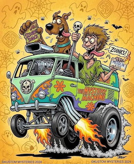 Cartoon drawing of Scooby Doo and Shaggy in a hot rod Mystery Machine van with flames and spooky details