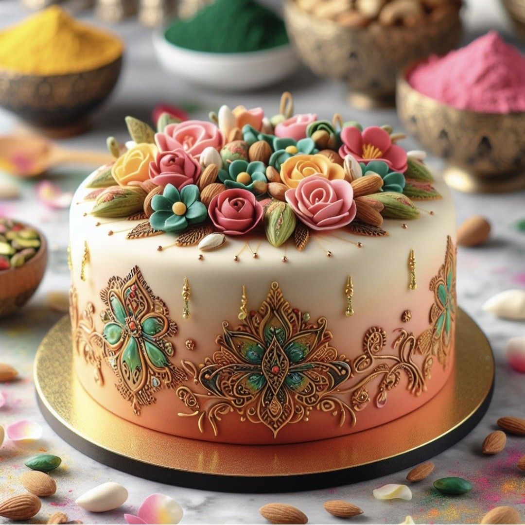 Pastel decorated cake with icing roses, ornate floral patterns, and candy pieces on a gold board
