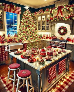 Cozy kitchen decorated for Christmas with a large tree, red plaid accents, and holiday food on the counter.