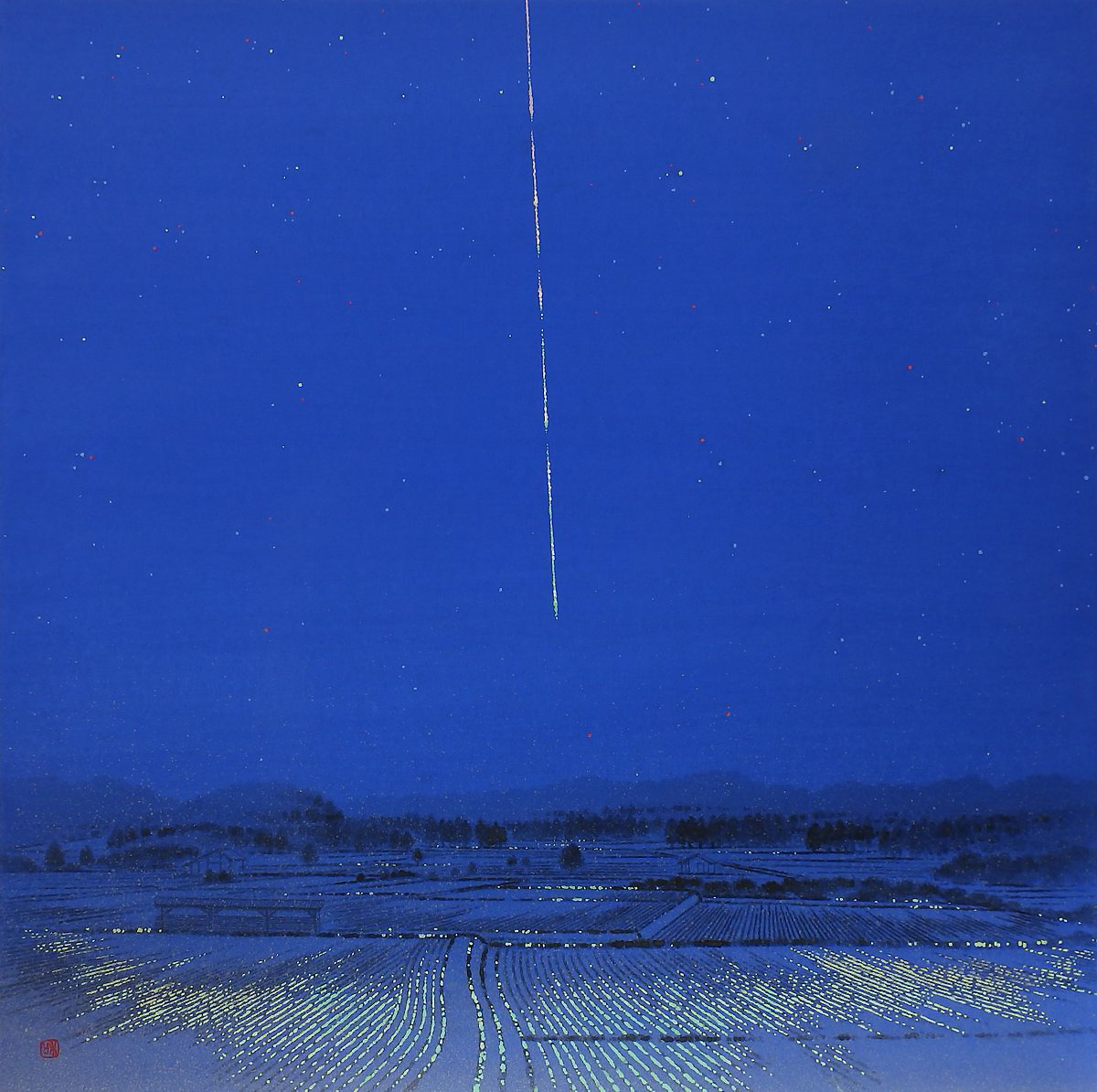 Abstract blue painting with white vertical line and textured golden horizon under starry night sky