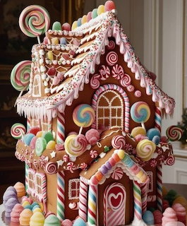 Gingerbread house decorated with icing, lollipops, peppermint swirls, and colorful candy
