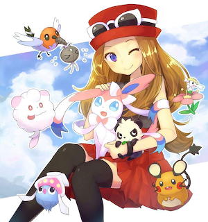 Anime girl Serena in red outfit with hat, surrounded by various Pokémon characters on cloudy background