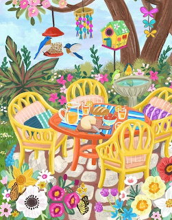 Illustrated garden patio with yellow chairs, tea table, flowers, birds, and a birdbath
