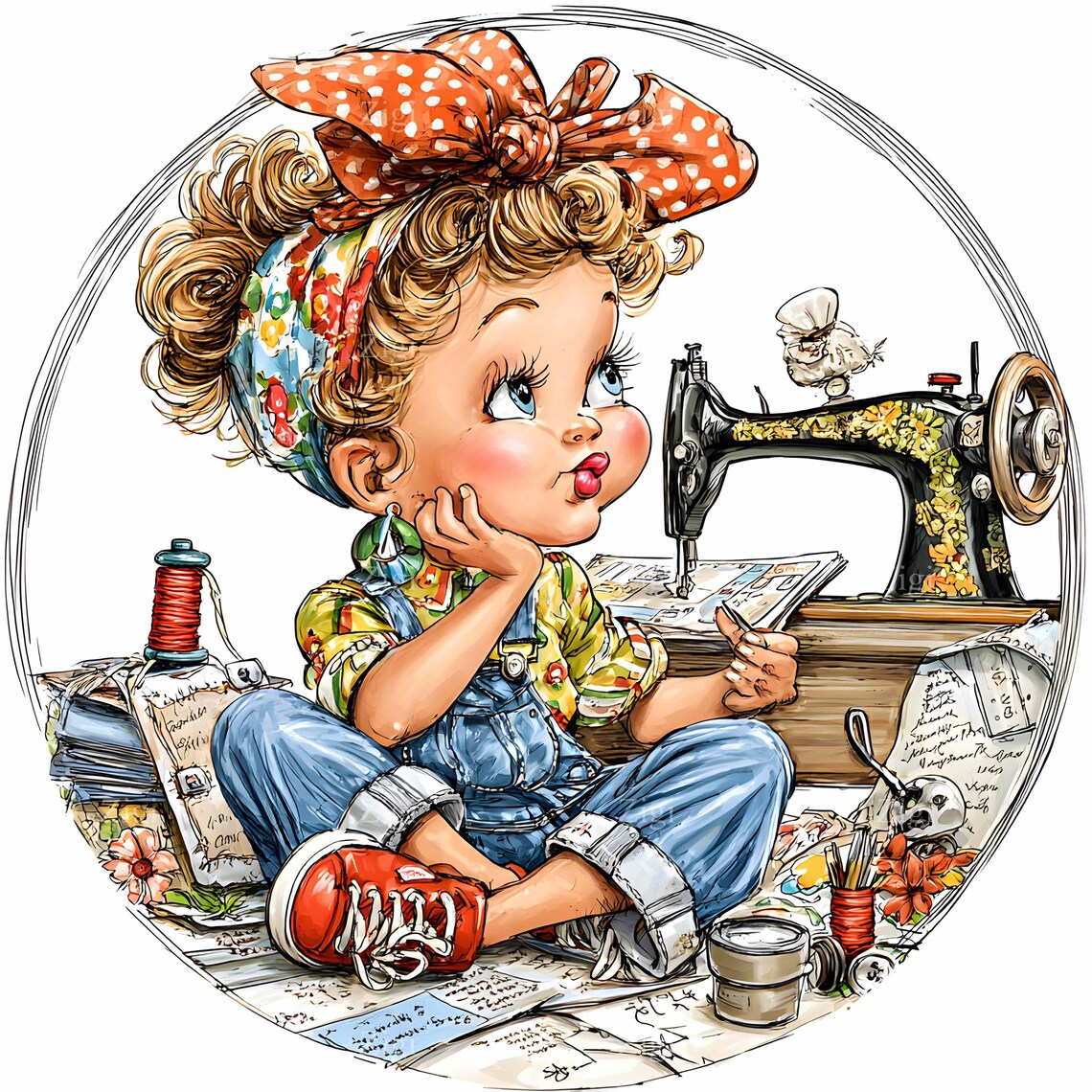 Cartoon girl with curly hair using an antique sewing machine, wearing denim overalls and polka dot bow