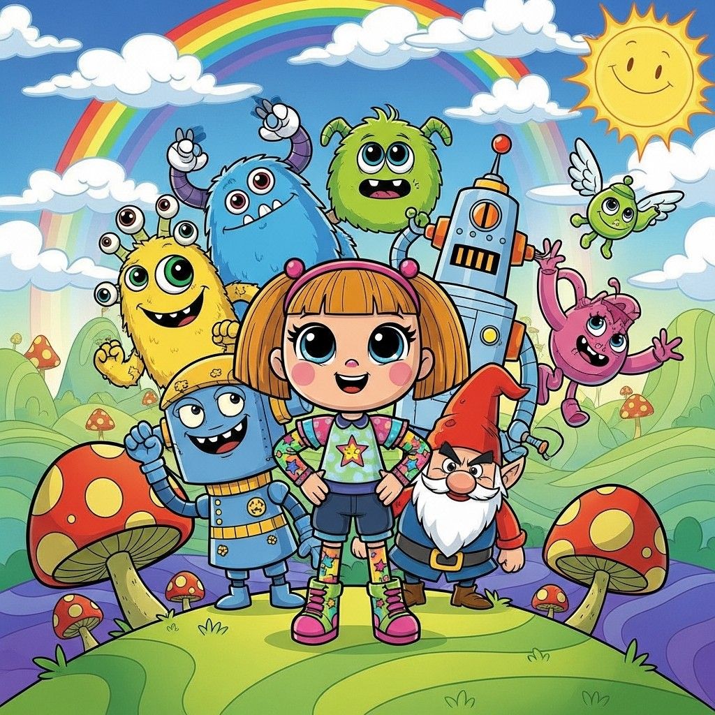 Colorful cartoon girl with cute monster friends, a gnome, rainbow, sun, and mushrooms