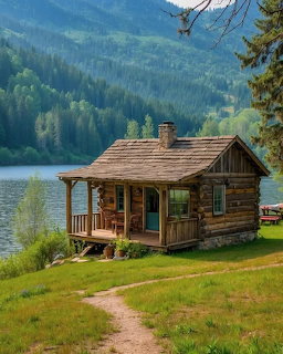 Small log cabin with porch beside a calm lake with forested mountains in the background