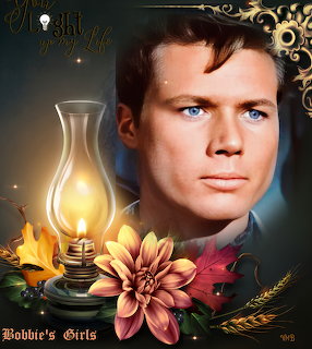 Digital portrait of a young man with blue eyes next to a glowing oil lamp and autumn flowers