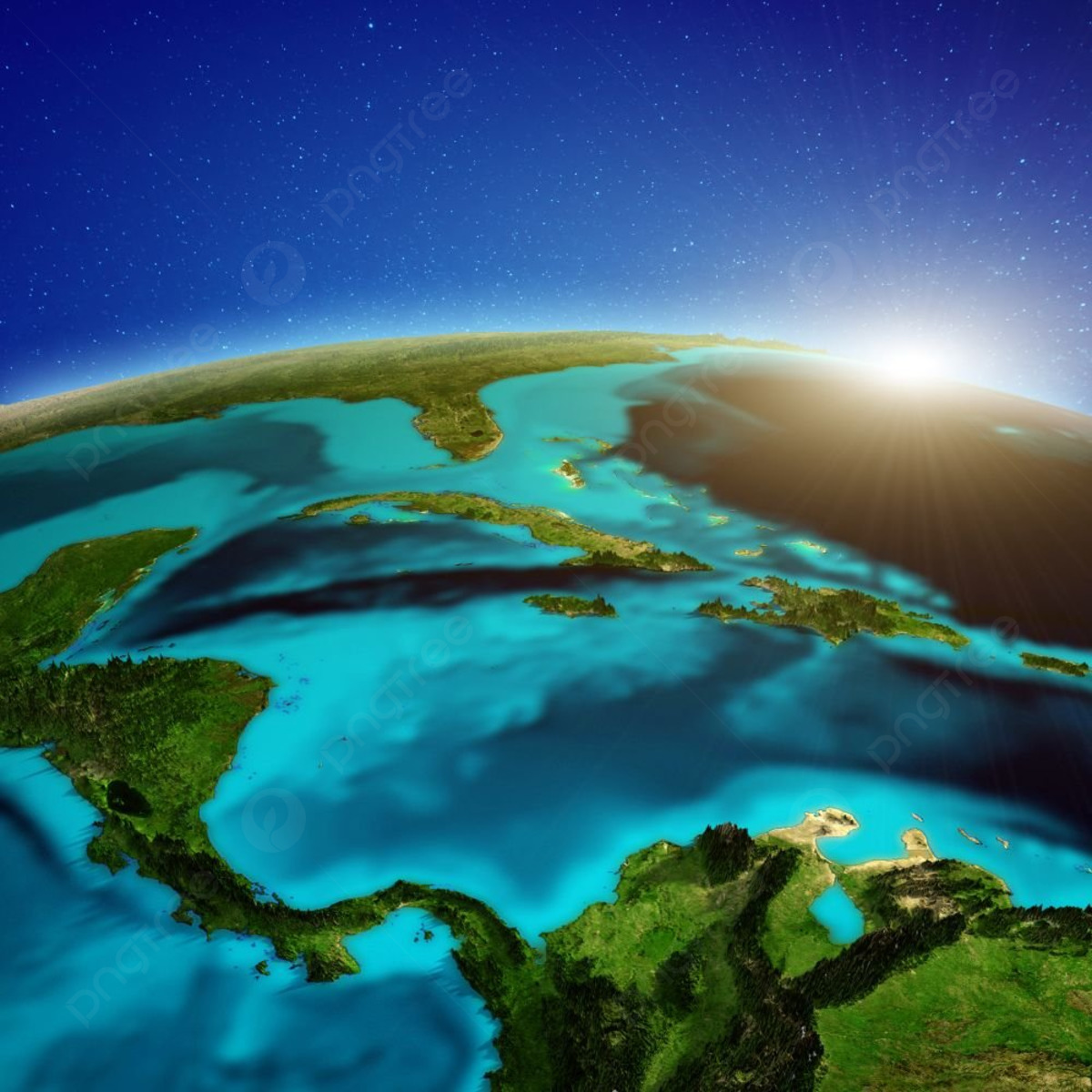 3D space view of Central America and the Caribbean with turquoise ocean and sunrise on the horizon