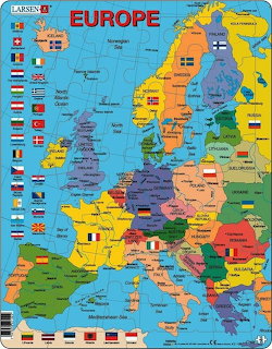 Colorful political map of Europe with labeled countries and national flags around the border