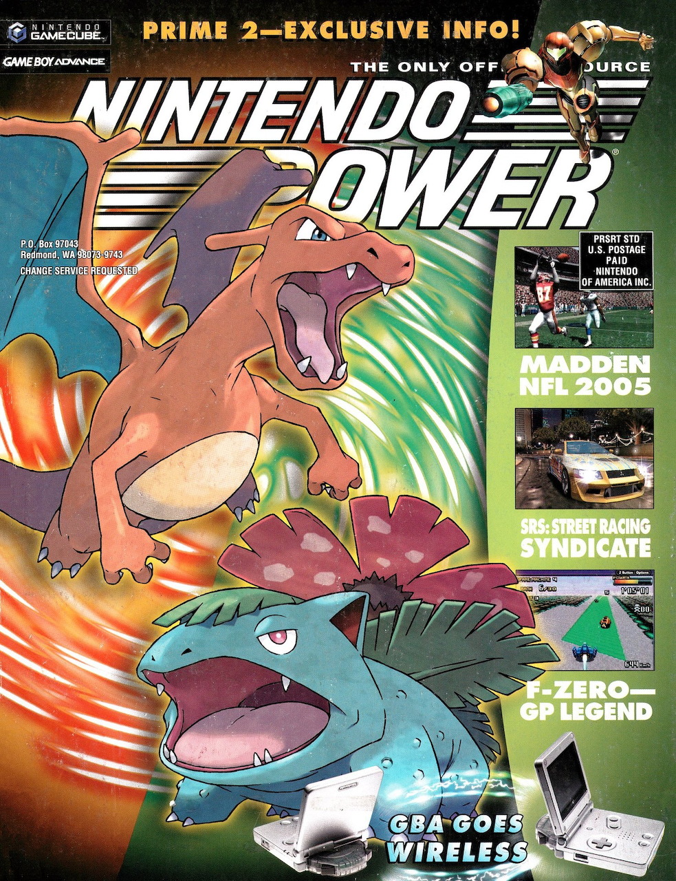 Nintendo Power magazine cover with Charizard and Venusaur, GBA wireless feature and game previews