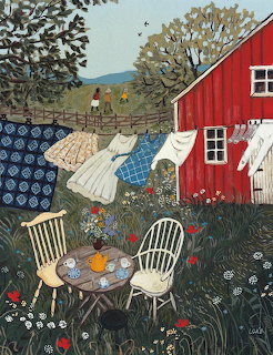 Painting of a red cottage garden with laundry on a clothesline, flowers, and a table with two chairs