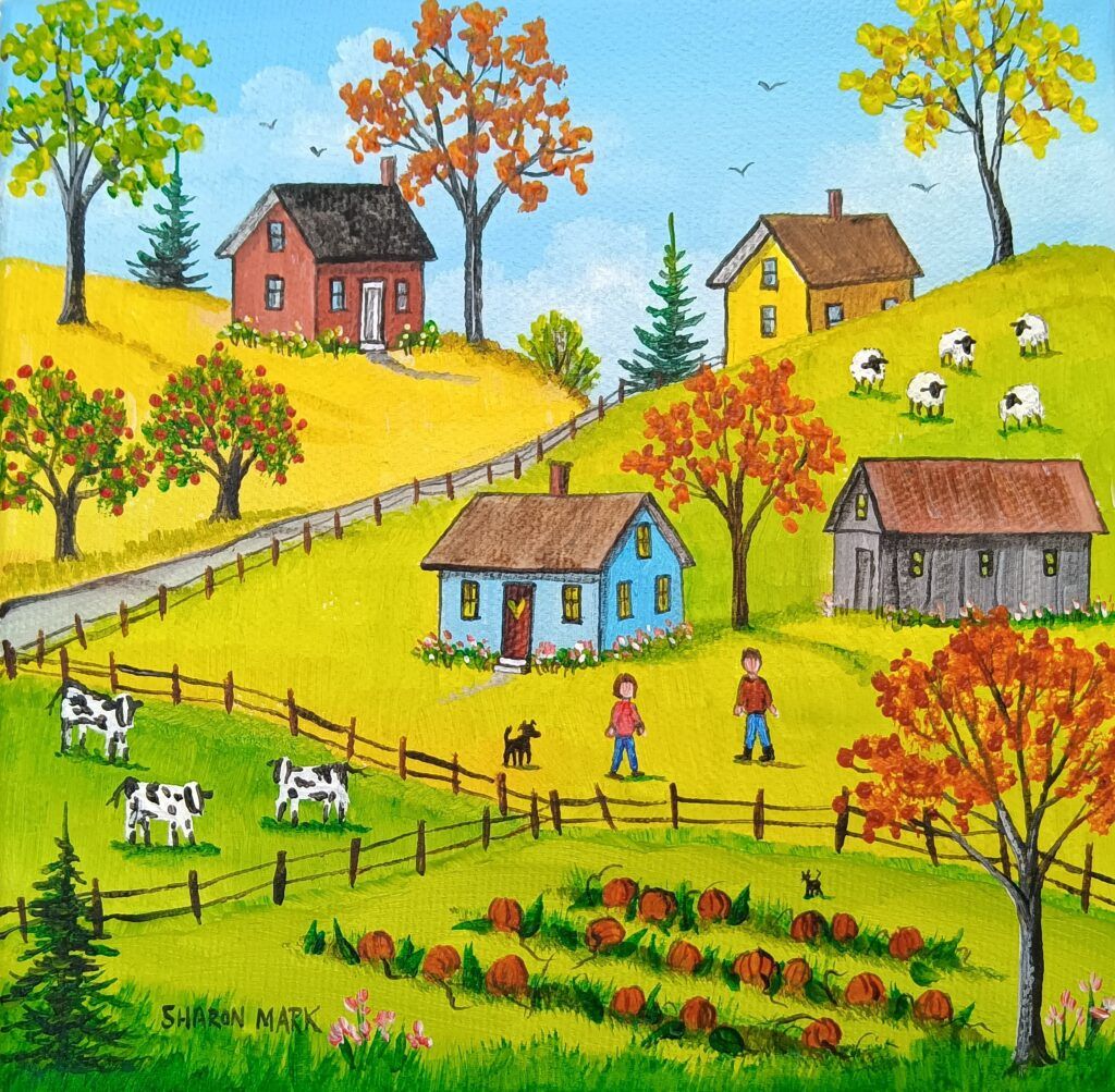 Folk art painting of autumn farm with colorful houses, animals, trees, and pumpkin patches on rolling hills