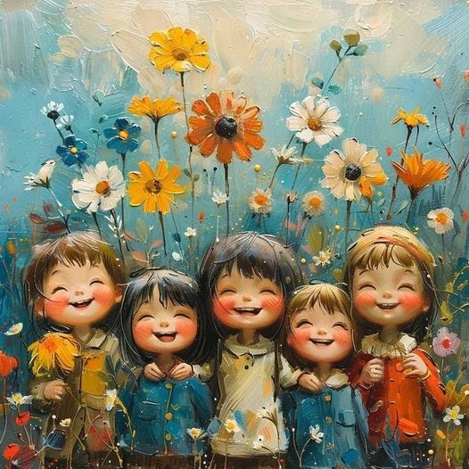 Whimsical painting of five smiling children surrounded by colorful flowers