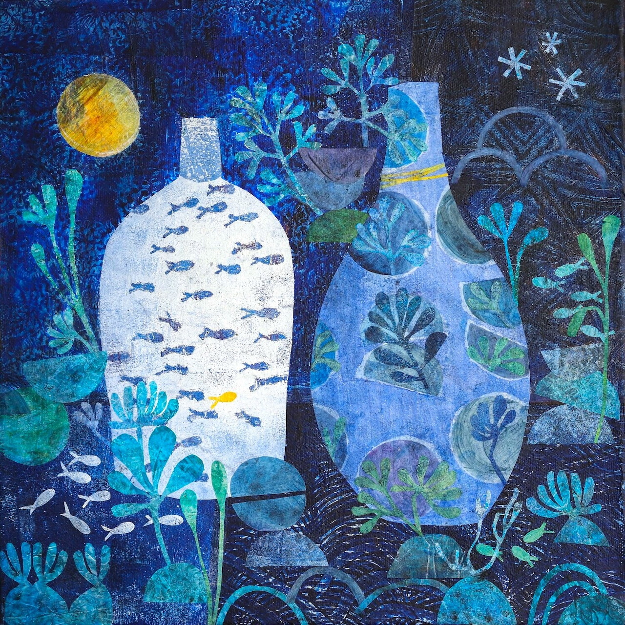 Painting of white vases with blue fish patterns, flowers, moon and stars on deep blue background