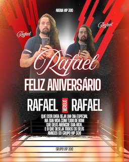 Birthday poster with boxing ring theme showing two photos of a man with long hair and beard named Rafael