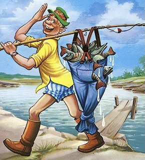Cartoon fisherman in overalls carrying fishing rod with fish stuffed in his pants by a river