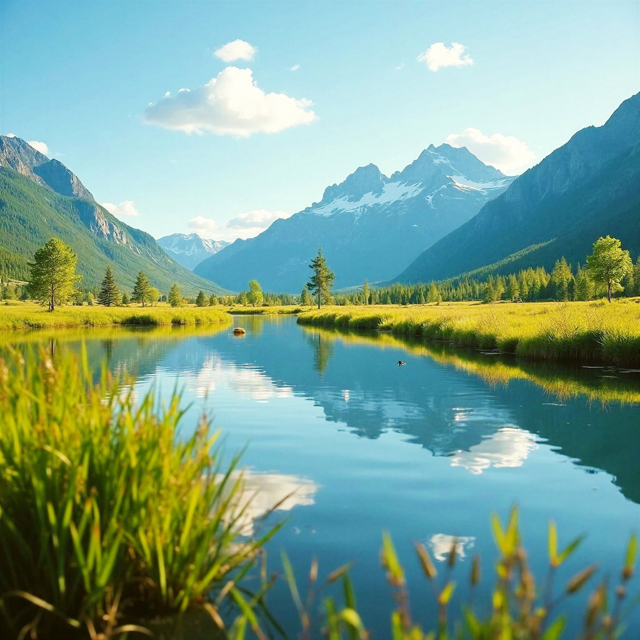 Mountain lake with reflections, grassy shore, pine trees, and distant snowy peaks under blue sky