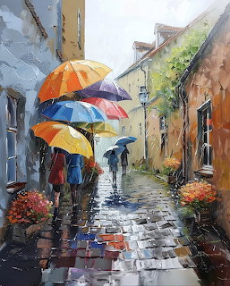 Painting of umbrellas on a rainy cobblestone street lined with old buildings and flowers