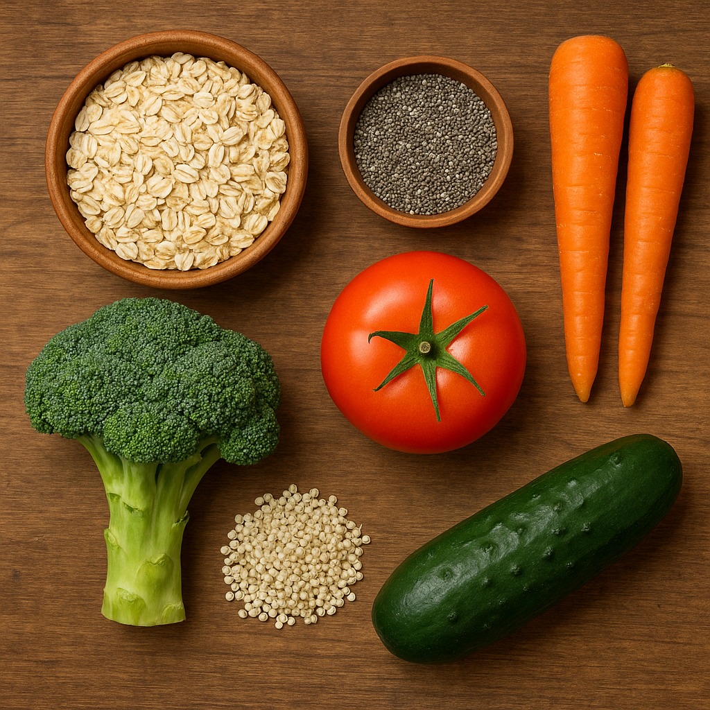 Overhead arrangement of fresh vegetables and healthy grains on wooden table