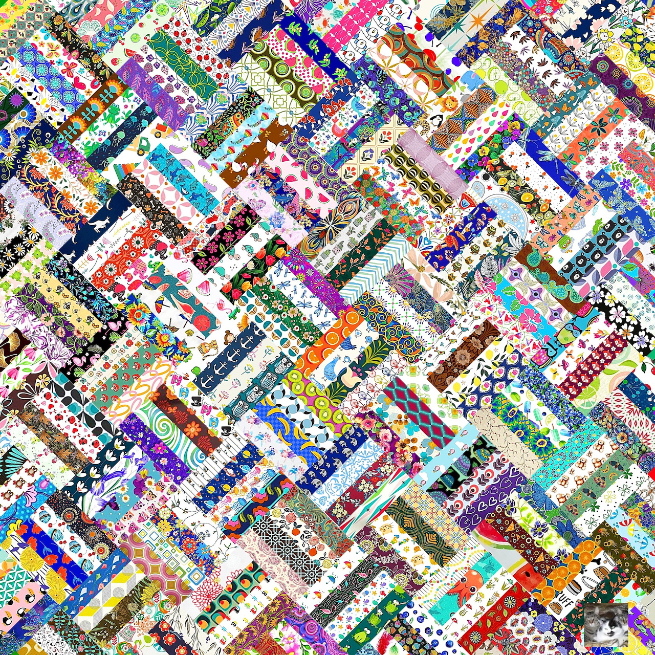Colorful patchwork quilt with diagonal strips in various patterns and bright colors