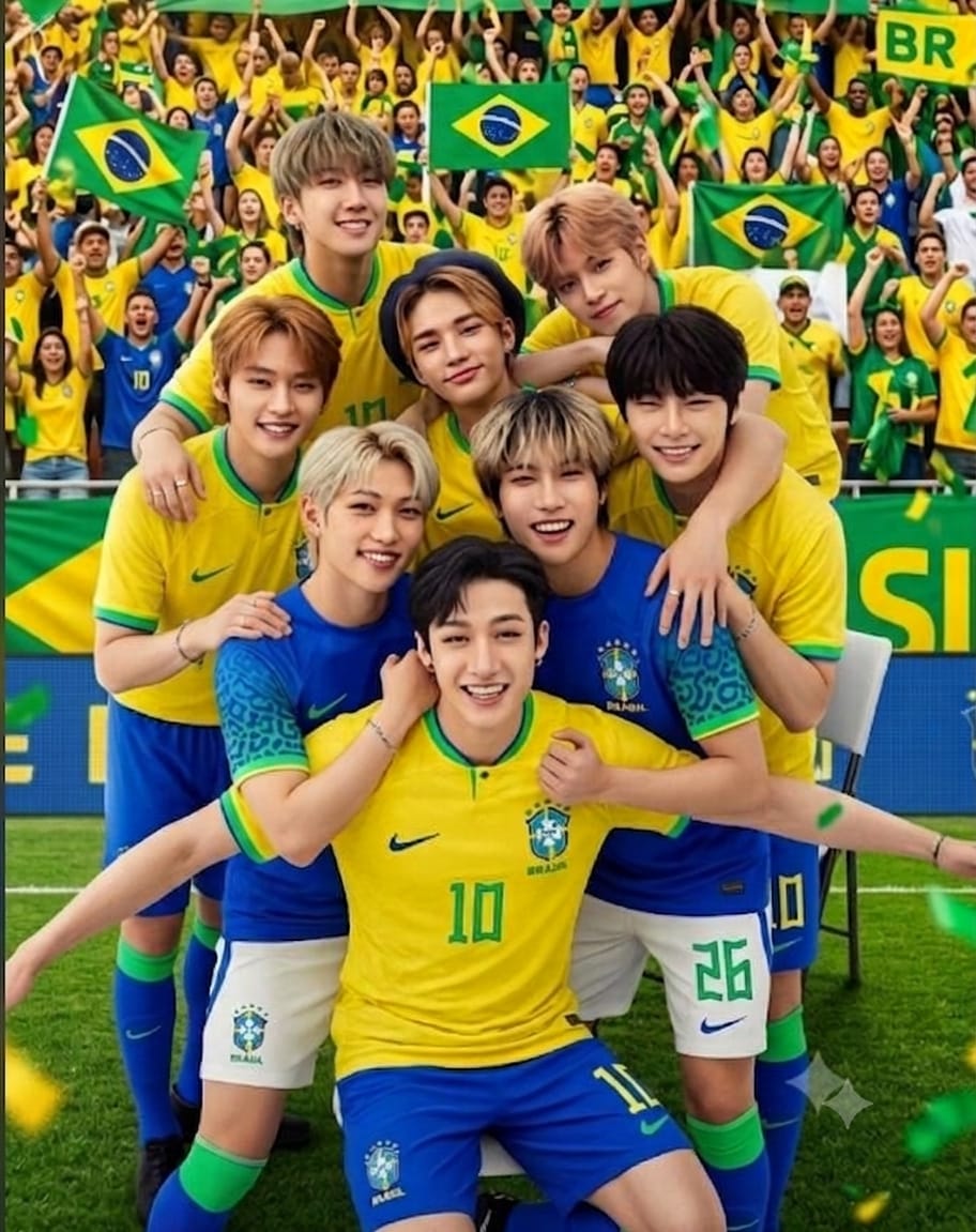 Seven young men in Brazil soccer uniforms posing together on a field before a crowd with Brazilian flags