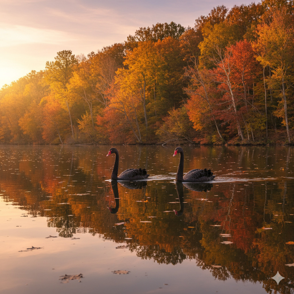 Two black swans on a lake with autumn trees and sunset reflections