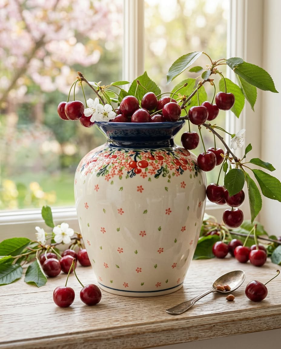 White floral vase with red cherry branches on windowsill