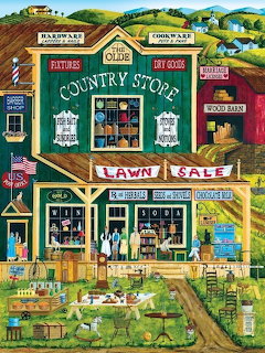 Folk art painting of a green old country store with lawn sale items and rolling green hills