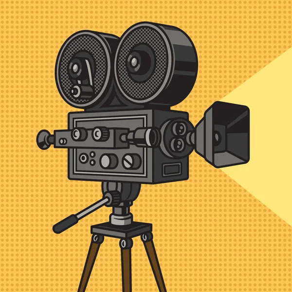 Vintage movie camera with film reels on tripod, illustrated on yellow sunburst background